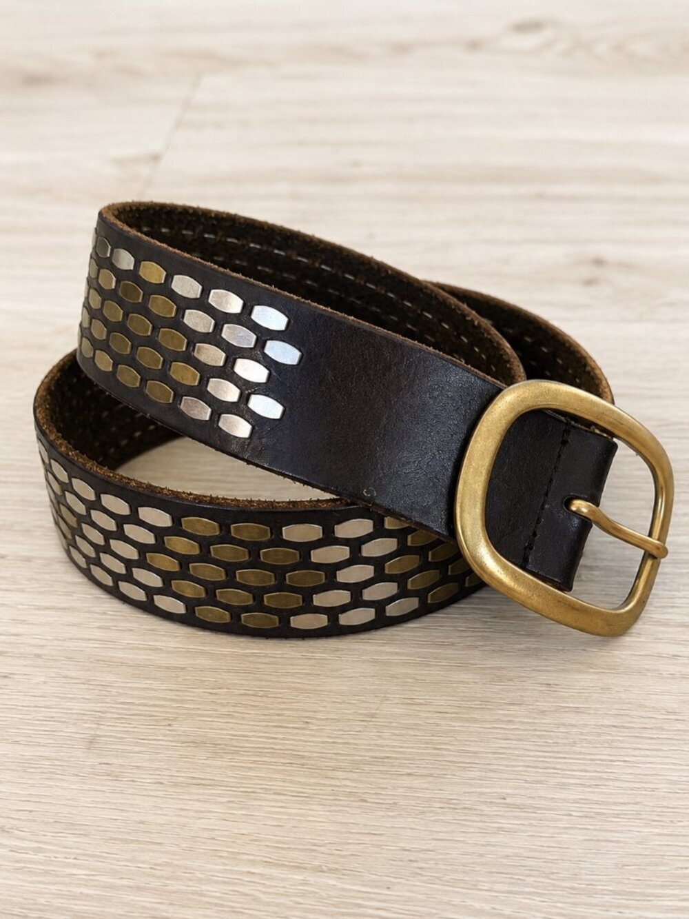 Leather Studded Belt Brown Mixed Metal Silver Brass Boho Western Festival Medium